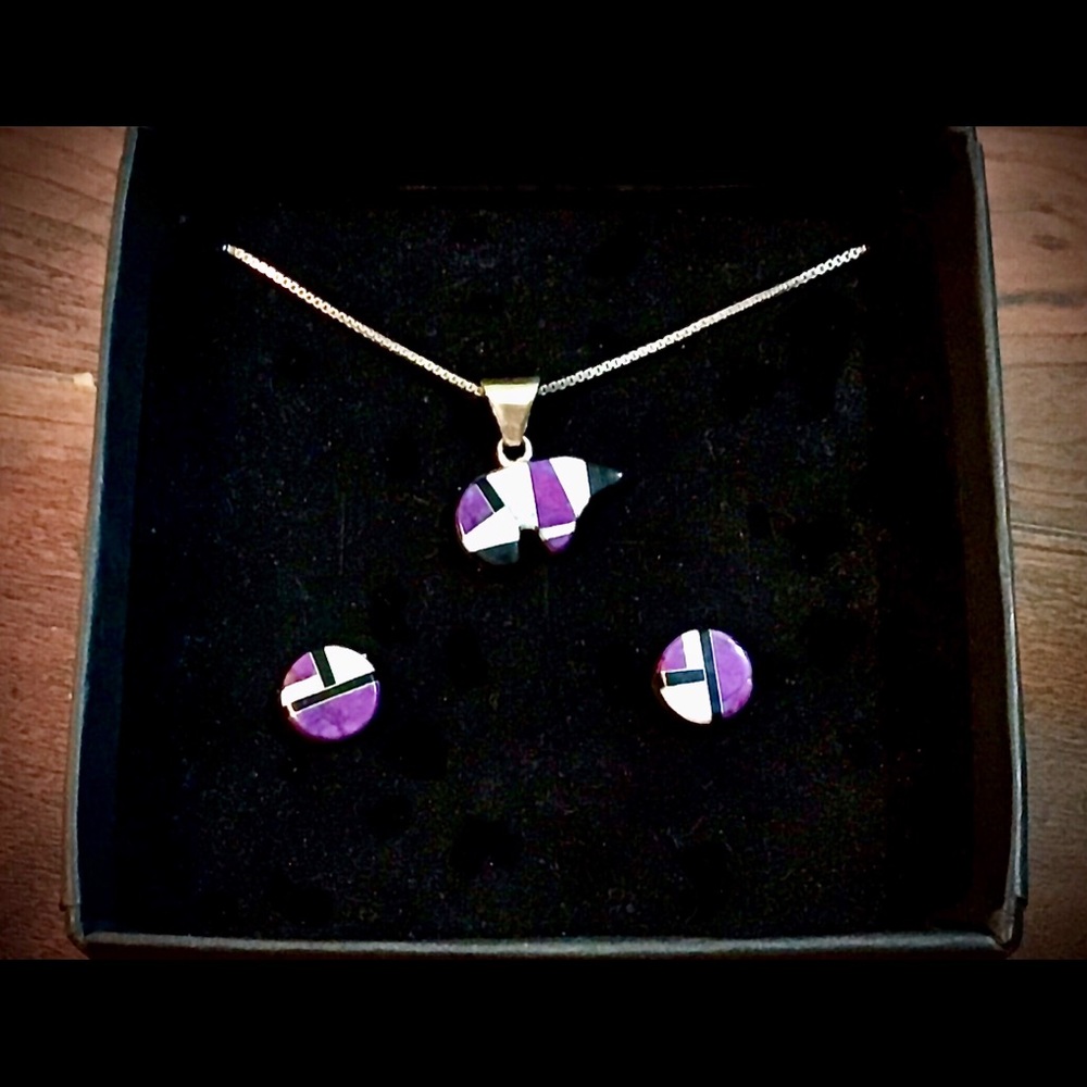 Onyx-Opal Bear Pendant/Earrings - Silver Box Chain